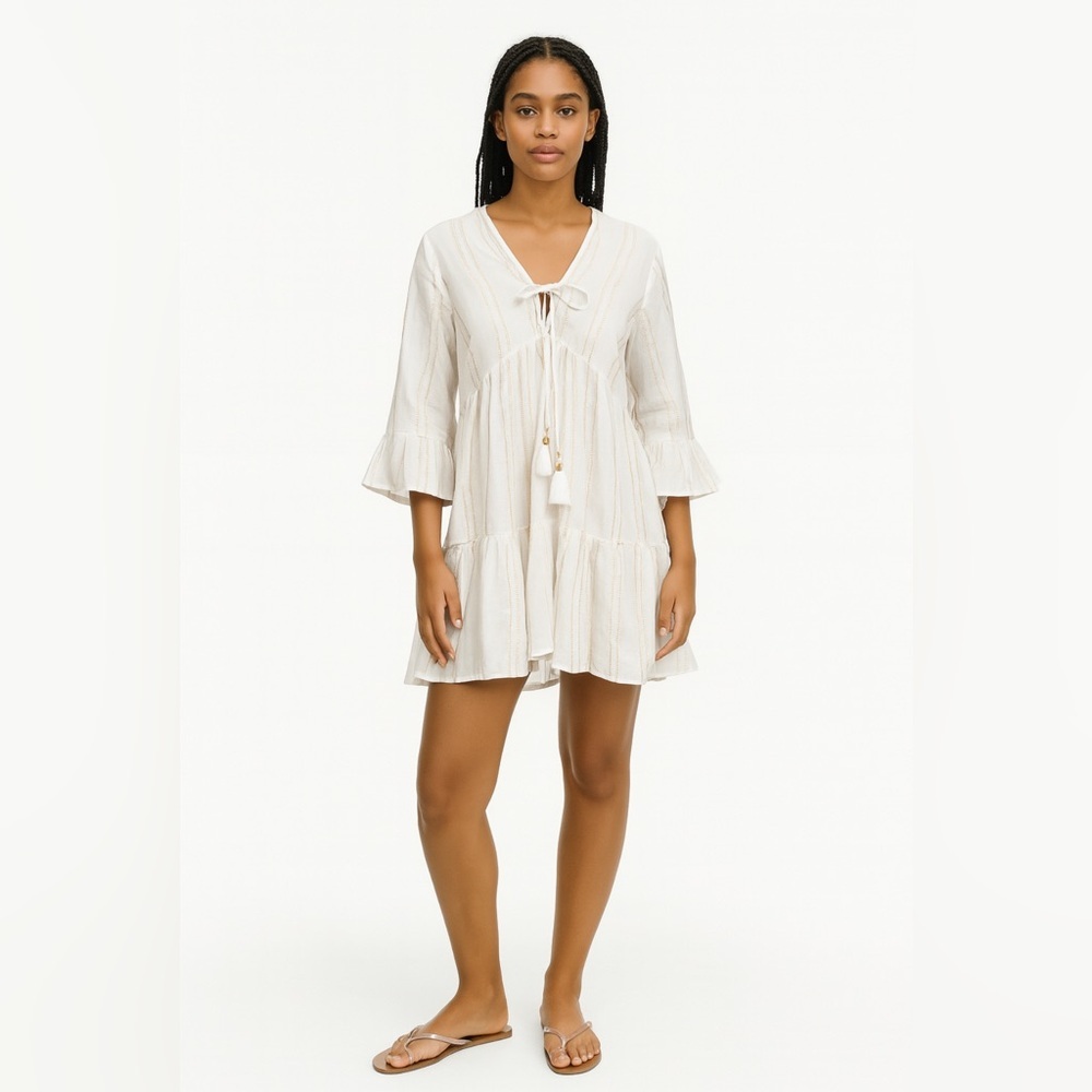 blue island Cream Striped Tie-Front Tiered Mini Dress